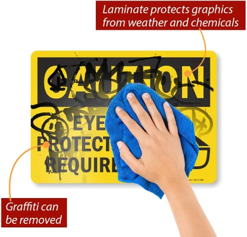 Vista 5 de SmartSign Vinilo adhesivo OSHA cartel de seguridad, leyenda "Precaución: Se requiere protección ocular", 10 pulgadas de alto x 14 pulgadas de ancho