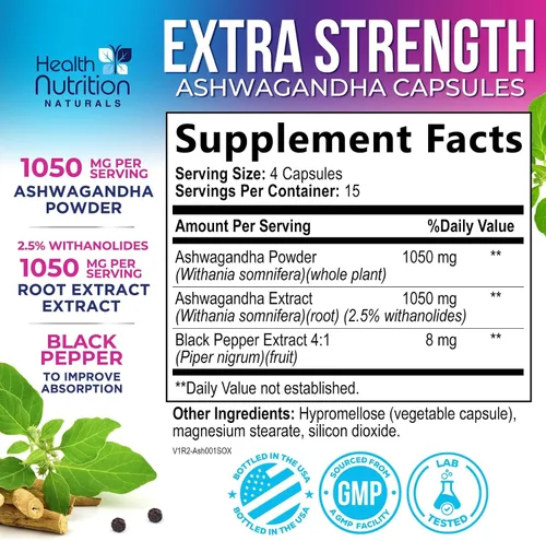 Vista 2 de Ashwagandha Supplements - La mejor cápsula de raíz y polvo de Ashwagandha con pimienta negra para una máxima absorción, calma y descanso