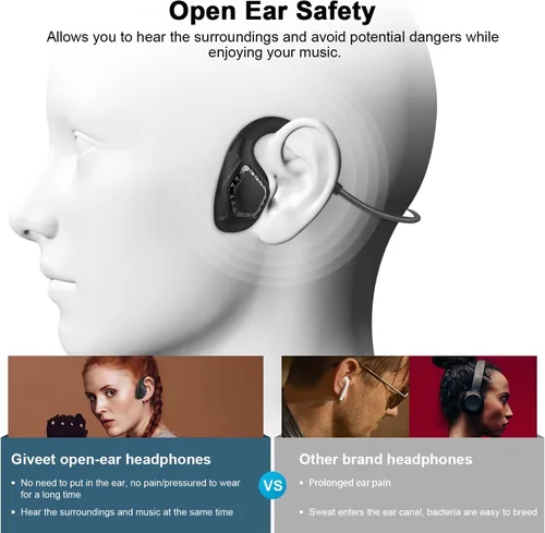 Vista 3 de Giveet Auriculares Bluetooth 5.2, auriculares estéreo inalámbricos de conducción de aire con micrófono con cancelación de ruido, 8 horas