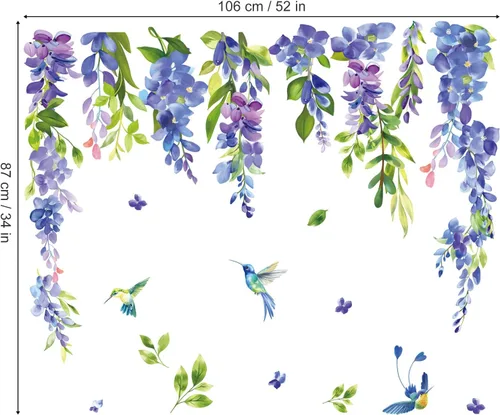 Vista 4 de Wondever Etiqueta engomada de cristal de hoja floral de colibrí colgante de flores de primavera azul púrpura etiqueta de ventana estática de doble