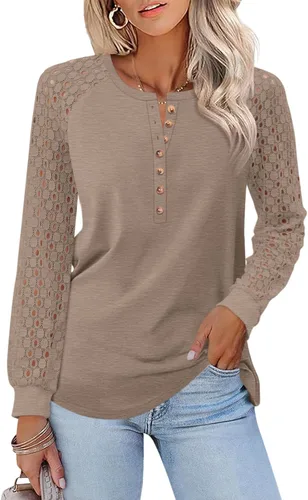 Vista 19 de Minetom Camisetas de manga larga con encaje para mujer, blusas casuales