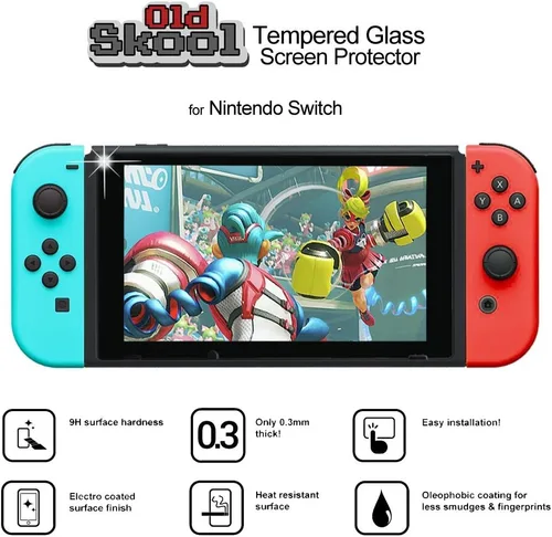 Vista 2 de Old Skool Protector de pantalla de vidrio templado para Nintendo Switch 2017 (2 unidades) HD Shield con película antiburbujas y antihuellas