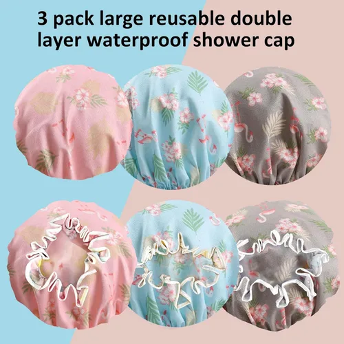 Vista 2 de Gorro de ducha para niños, paquete de 3 gorros de ducha grandes, reutilizables, de doble capa, impermeables, de plástico lavable, gorro de ducha
