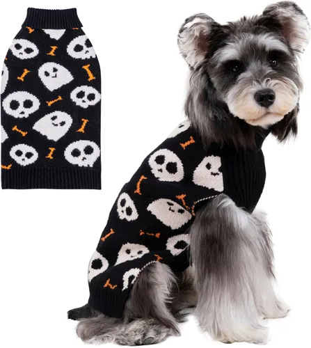 Vista 24 de CuteBone Suéter de calavera de Halloween para perros pequeños, cuello alto, ropa de invierno para mascotas, ropa de gato con agujero para arnés