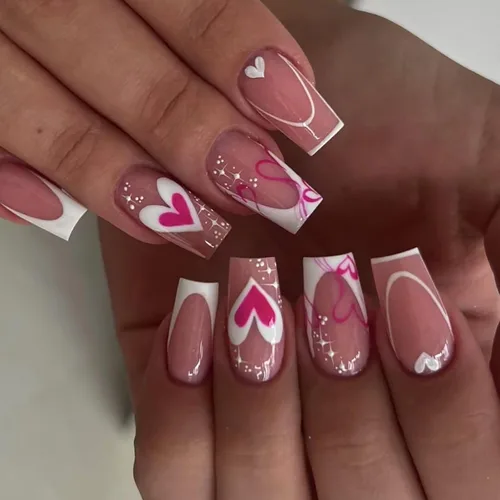 Vista 14 de Uñas postizas a presión para San Valentín, uñas postizas cortas cuadradas MABKJLF nude con diseños de labios, cobertura completa, pegamento