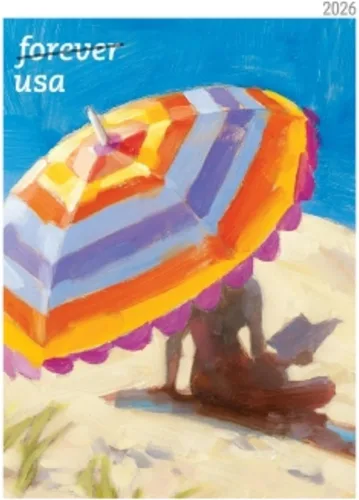 Vista 9 de Un día en la playa 2026 (Libro de 20) Cuatro escenas de encanto junto al mar Sellos postales de primera clase Mail Forever
