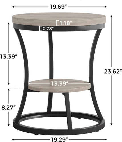 Vista 2 de Mesa auxiliar redonda, mesa auxiliar industrial de 2 niveles, mesita de noche con marco de metal para sala de estar, dormitorio, espacios pequeños