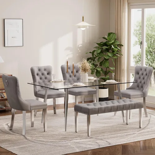 Vista 61 de Baysitone Juego de mesa de comedor de cristal de 51 pulgadas para 4, juego de 5 piezas de comedor moderno, mesa de cocina rectangular de vidrio