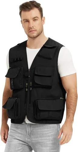 Vista 8 de Flygo Chaleco de carga para hombre, casual, para exteriores, trabajo, safari, pesca, viajes, fotos, chaleco con múltiples bolsillos
