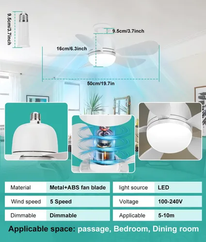 Vista 5 de HK Ventilador de techo pequeño con luz y control remoto, rosca de 20 pulgadas para base E26/E27, mini regulable de 5 velocidades para dormitorio