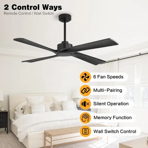 Vista 3 de WINGBO Ventilador de techo CC de 48 pulgadas sin luces, 4 aspas de madera maciza tallada, motor CC reversible de 6 velocidades, ventilador de techo