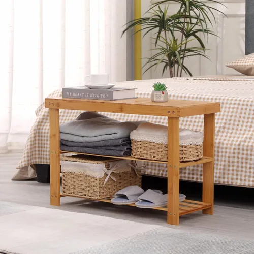 Vista 8 de Estante para zapatos, organizador de zapatos de bambú de 3 niveles, estante de almacenamiento para zapatos, banco de entrada, soporta hasta 300