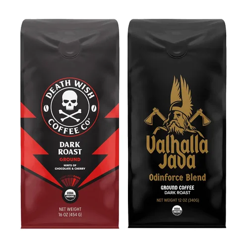 Vista 24 de Death Wish Coffee - Café molido orgánico de tostado medio, paquete de 6 Fair Trade Arabica & Robusta, Stone Fruit Caramel & Roasted Nut Notes