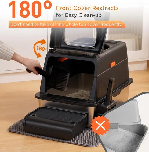 Vista 4 de Citylife - Caja de arena para gatos de acero inoxidable con tapa, entrada frontal y superior, caja de arena de metal extra grande con pala