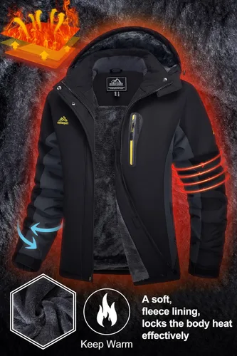 Vista 4 de MAGCOMSEN Chaquetas de esquí para mujer, resistentes al agua, aisladas, a prueba de viento, forro polar, abrigos de invierno con capucha, Negro Gy