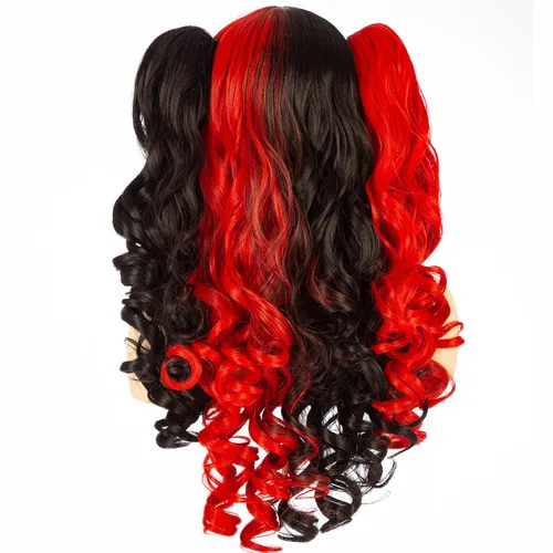 Vista 3 de MAN SI Peluca larga y rizada con clip de doble garra para mujer, pelucas de cosplay de anime de Halloween (negrorojo)