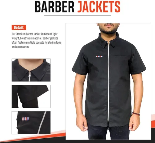 Vista 2 de Chaqueta de peluquero profesional Camisa de media manga para hombre, color negro, bata para peluquería