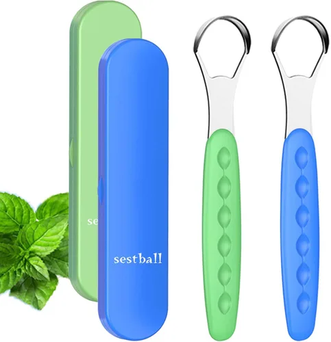 Vista 8 de Sestball Paquete de 2 raspadores de lengua para adultos y niños, raspadores de lengua de metal de grado médico con estuche de viaje, juego