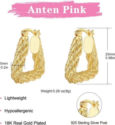 Vista 5 de Anten Pink Aretes de aro de oro para mujer, de triángulo, hipoalergénicos, chapados en oro de 18 quilates, aretes de diseño de moda 2023
