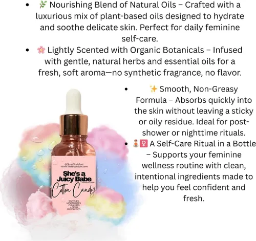 Vista 7 de Aceite de algodón de azúcar Yoni para mujer – Aceite íntimo femenino para equilibrio de pH, cabello encarnado e hidratación – Dulce perfumado