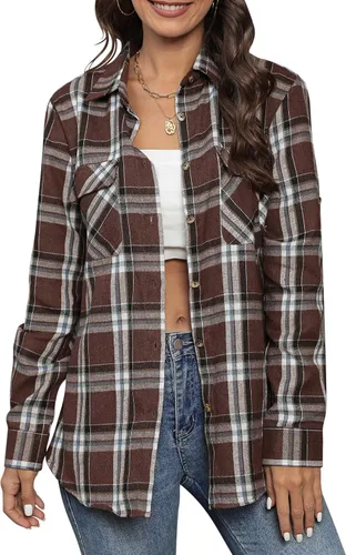Vista 5 de siliteelon Camisas de franela a cuadros para mujer, de manga larga, con botones, de algodón, estilo novio, informal, con puños