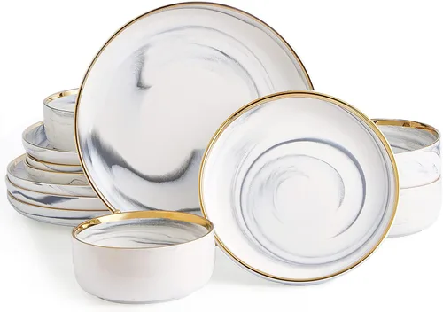 Vista 10 de Pokini Juego de vajilla de porcelana, juego de 12 platos y cuencos de porcelana de lujo, juego de platos verdes con borde dorado para boda