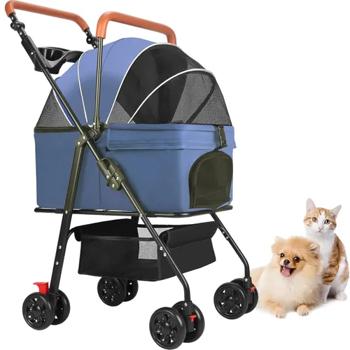 Vista 5 de Cochecito para mascotas para perros medianos y pequeños – Cochecito plegable de 4 ruedas con cesta de almacenamiento, transportador para perros