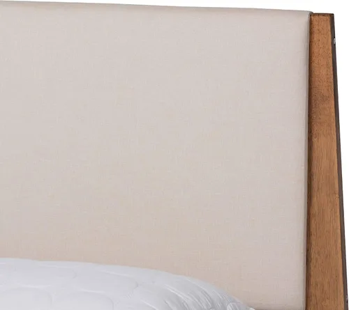 Vista 6 de Baxton Studio Senna Mid-Century - Cama de plataforma tapizada de tela beige moderna y acabado marrón nogal, tamaño Queen
