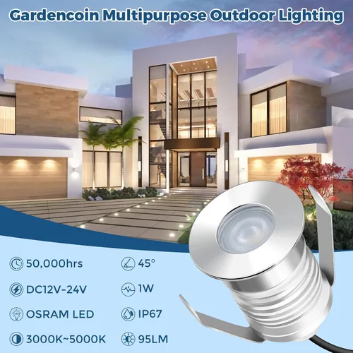 Vista 2 de Gardencoin Luces LED empotrables para terraza, sofito de alta resistencia e iluminación de escaleras al aire libre, 1 W, 12-24 V, bajo voltaje, luz