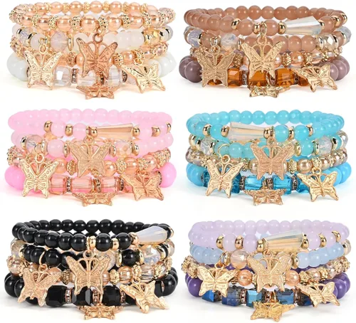 Vista 8 de Juego de pulseras bohemias para mujer, 6 juegos de pulseras elásticas apilables multicolor, joyería bohemia para mujeres, pulseras hippie, joyería