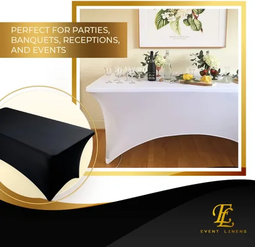 Vista 7 de Mantel rectangular de lino de elastano de 8 pies, funda ajustable para mesa plegable de 8 pies, ropa de cama de boda, paños de banquete, fundas