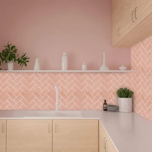 Vista 3 de Azulejo de Espiga Rosa Coral Despegar y Pegar para Salpicadero, Azulejo Autoadhesivo Removible Chevron para Pared para Cocina Baño