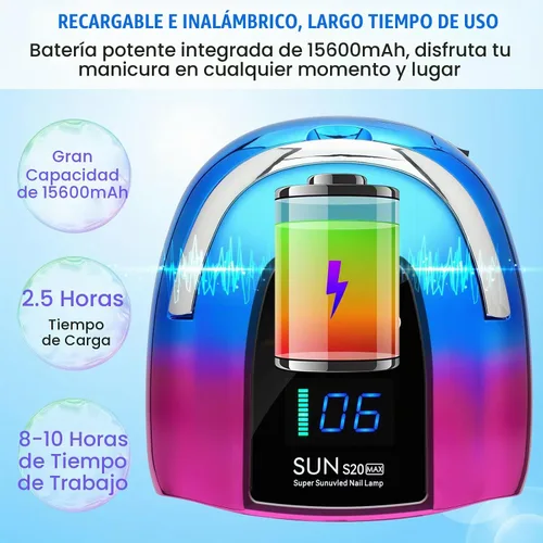 Vista 3 de Lámpara de uñas LED UV, inalámbrica, luz UV recargable portátil de 128 W para uñas de gel, secadora de luz de gel profesional con sensor automático