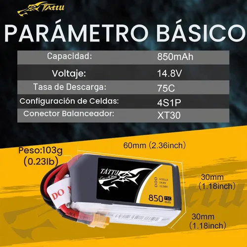 Vista 2 de Tattu Paquete de batería LiPo de 14.8V 4S 75C 850mAh con enchufe XT30 para multirotor FPV de tamaño 100 a 180 Owl Racing Quadcopter