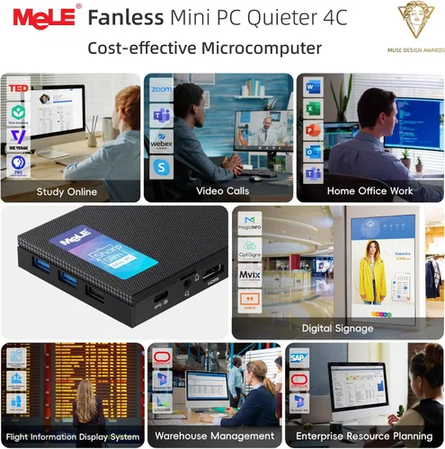 Vista 9 de MeLE Quieter 4C Mini PC sin ventilador, N150 16GB 512GB Fanless micro PC, full-functional USB-C, 4K triple display, dual-band WiFi, for Home