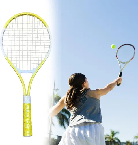 Vista 6 de predolo Raqueta de tenis con agarre cómodo y cuerdas de nailon para práctica de playa, color amarillo