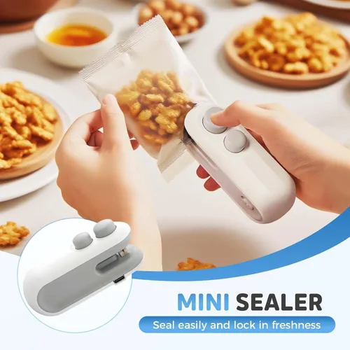 Vista 2 de Mini sellador de bolsas, mini sellador de bolsas 2 en 1 actualizado 2026 con cortador e imán, sellador térmico portátil para bolsas de plástico