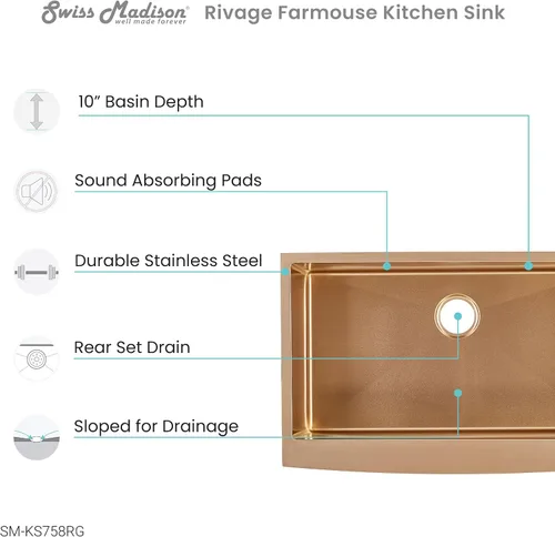 Vista 3 de Swiss Madison Well Made Forever SM-KS758RG - Fregadero de cocina de granja, color oro rosa