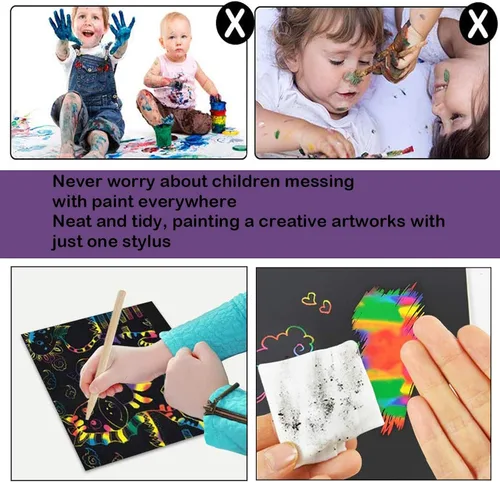 Vista 4 de Arte de papel para rascar para niños, juego de 100 piezas de arte de papel mágico arcoíris para rascar negro, arte y manualidades para niños de 3 a