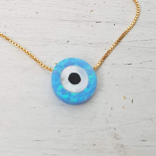 Vista 5 de Blue Opal Evil Eye Necklace,10mm created Opal,14k gold filled chain length 16 inch+ extension