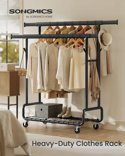 Vista 2 de SONGMICS Perchero de Ropa, Perchero de Ropa Rodante de Servicio Pesado con Ruedas, Barras Colgantes Dobles Extensibles y Altura Ajustable, Portátil