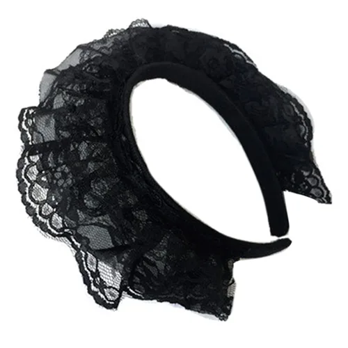 Vista 2 de Lolita - Diadema de encaje con volantes y encaje multicapa, diadema de encaje de malla, tocado dulce de criada, accesorios para el cabello