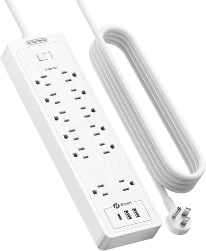 Vista 10 de Cable de extensión de 15 pies, protector de sobretensiones de 6 salidas, tira de alimentación larga y resistente de enchufe plano, enchufe plano