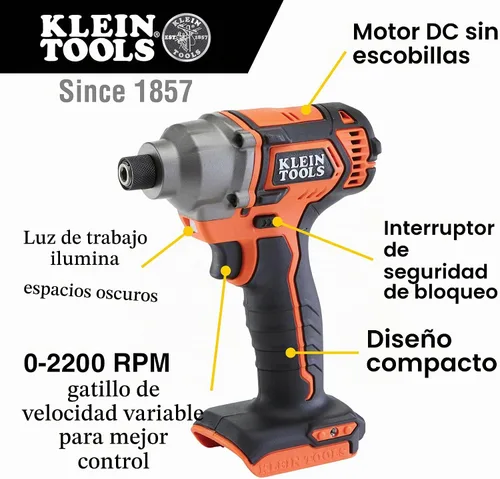 Vista 2 de Klein Tools BAT20CD - Destornillador de impacto de 1/4 pulgadas, 20 V, funciona con pilas, diseño compacto para un excelente control en espacios