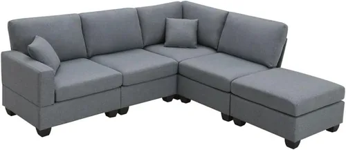 Vista 8 de Juego de sofá esquinero de tela de lino en forma de L de 89.8 x 60.2 pulgadas, sofá seccional, modular de 5 asientos con otomana convertible (E)