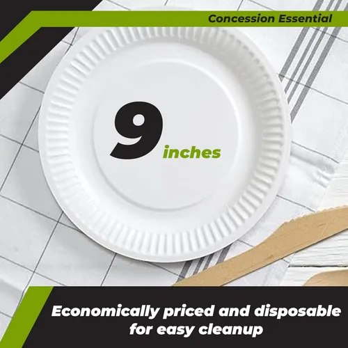 Vista 2 de Concession Essentials Plato de papel, 9" blanco sin recubrimiento 100ct