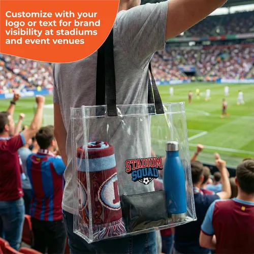Vista 2 de Bolsas de mano personalizadas para estadios, transparentes personalizadas, diseño de TPU de 12.2 x 12.2 x 6.3 pulgadas con asas, ideal para eventos