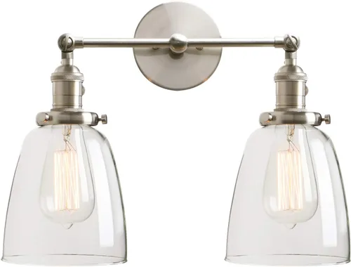 Vista 8 de PERMO Aplique doble vintage industrial antiguo 2 luces apliques de pared con cono ovalado pantalla de vidrio transparente (antiguo)