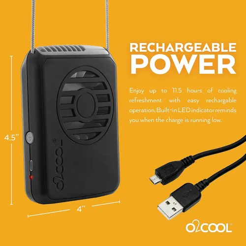 Vista 4 de O2COOL Ventilador de enfriamiento de cordón ajustable con batería USB de viaje personal para cuello portátil, (negro)