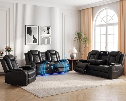 Vista 16 de Juego de sofá reclinable eléctrico con LED, juego de sofá de cuero transpirable para sala de estar, juego de sofá reclinable con puerto USB Negro